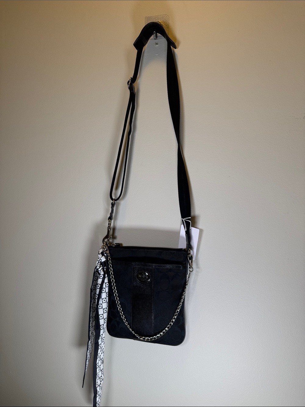 Coach Black Signature File Crossbody Bag | Silver Chain, Twilly & Bonus Strap